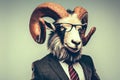 An Anthropomorphic Goat Dressed up as a Cool Business Man in a Suit and with glasses in the