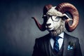 An Anthropomorphic Goat Dressed up as a Cool Business Man in a Suit and with glasses in the