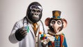 An anthropomorphic gorilla as a scientist and an elephant as a circus performer, AI generated