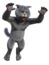 Anthropomorphic gray cat jumping for attack