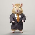 Anthropomorphic hamster wearing business suit standing on hind legs with serious look, full body portrait. Generative AI realistic