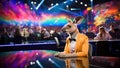 An anthropomorphic kangaroo in an orange suit with a bow tie on stage with multicolored lighting and an audience in the background