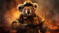 An anthropomorphic koala in firefighter gear stands against a backdrop of a forest fire, looking serious and ready to assist
