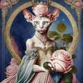 Anthropomorphic lady cat of the Sphinx breed dressed in a luxurious dress among roses