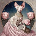 Anthropomorphic lady cat of the Sphinx breed dressed in a luxurious dress among roses