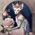 Anthropomorphic lady cat of the Sphinx breed dressed in a luxurious dress among roses