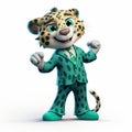 Friendly Anthropomorphic Leopard In Green Turquoise Suit - Hyperrealistic Cartoon