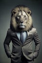 Anthropomorphic lion head portrait in elegant business suit. Generative Ai Royalty Free Stock Photo