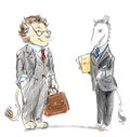 Anthropomorphic lion and unicorn dressed in business suits cartoon