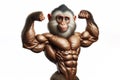 Anthropomorphic monkey bodybuilder showing biceps on solid white background copy space. ai generative