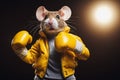 Anthropomorphic mouse character with yellow boxing gloves, generative ai