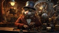 An anthropomorphic mouse inventor in glasses and a top hat examines mechanical parts at a workbench in a retro laboratory