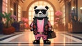 An anthropomorphic panda in pink pants and a floral jacket stands in a luxurious hall