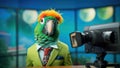 An anthropomorphic parrot in a bright green suit with a tie stands in front of a camera, ready to anchor the news