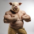 Anthropomorphic pig bodybuilder showing biceps, standing on a white background.