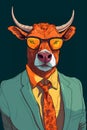 Anthropomorphic portrait of a bull man wearing business clothing in the office. Illustration of a zoomorphic farm animal as a