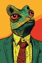 Anthropomorphic portrait of a confident lizard man wearing business clothing in the office. Colorful illustration of serious wild