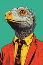 Anthropomorphic portrait of a confident lizard man wearing business clothing in the office. Colorful illustration of serious wild