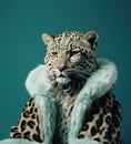 Anthropomorphic portrait of a leopard wearing leopard fur coat.
