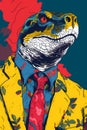 Anthropomorphic portrait of a serious lizard man wearing business clothing in the office. Colorful illustration of serious wild