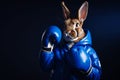 Anthropomorphic rabbit character with blue boxing gloves, generative ai