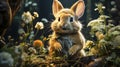 Anthropomorphic Rabbit In Clothes Standing Amongst Flowers In A Magical Forest