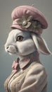 Anthropomorphic Rabbit Dressed in an Attire, Complete with a Pink Hat, Generative AI
