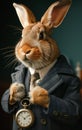 An anthropomorphic rabbit in elegant clothes displays a pocket watch