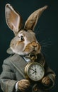 An anthropomorphic rabbit in elegant clothes displays a pocket watch