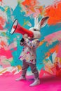 Anthropomorphic rabbit with megaphone on a colorful abstract background