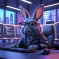 Anthropomorphic rabbit programmer wearing glasses and jacket at computer bunny coder Royalty Free Stock Photo
