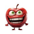 An anthropomorphic red apple with green eyes and a wide smile