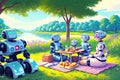 Anthropomorphic robots have a rest outdoor. Generative Ai