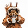 Anthropomorphic Squirrel Wearing a Fur Hooded Jacket and Holding a Coffee Mug on White Royalty Free Stock Photo