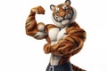 Anthropomorphic tiger bodybuilder showing biceps on solid white background copy space. ai generative