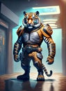 anthropomorphic tiger in a futuristic police suit, inside a police station