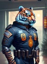anthropomorphic tiger in a futuristic police suit, inside a police station, science fiction scenery