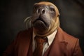 Anthropomorphic walrus wearing formal classic suit. Generate ai