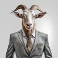 Anthropomorphic white male goat dressed in a business suit in the style of corporate photography over grey background. Realistic