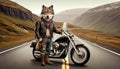 Anthropomorphic wolf biker on road