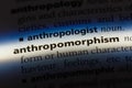 Anthropomorphism word in a dictionary. anthropomorphism concept.