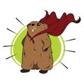 Anthropomorphized Groundhog character dressed as a superhero with cape