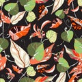 Anthurium. Seamless floral pattern with pink, red flowers and anthurium leaves. Drawn tropical pattern on dark background. Stock