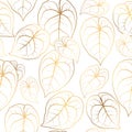 Anthurium tailflower leaves seamless pattern. Bright shiny golden gradient shapes outline on clean white background. Royalty Free Stock Photo