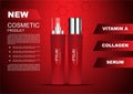 Anti-aging serums with ingredients on red hexagons background vector cosmetic ads