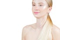 Anti-aging treatment and face lifting. Beautiful woman with perfect skin  with arrows on neck Royalty Free Stock Photo