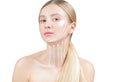 Anti-aging treatment and face lifting. Beautiful woman with perfect skin with arrows on neck