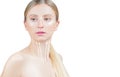 Anti-aging treatment and face lifting. Beautiful woman with perfect skin  with arrows on neck Royalty Free Stock Photo