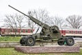 Anti-aircraft machine gun and train in motion Royalty Free Stock Photo