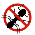 Anti ants, pest control. Stop insects sign. Silhouette of ant in red forbidding circle, vector illsutration